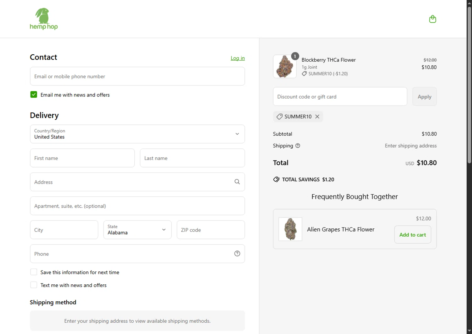 Hemp Hop discount code screenshot showing code SUMMER10 applied at Hemp Hop checkout page. Uploaded by SimplyCodes community member PennyScholar504 on Apr 30, 2025