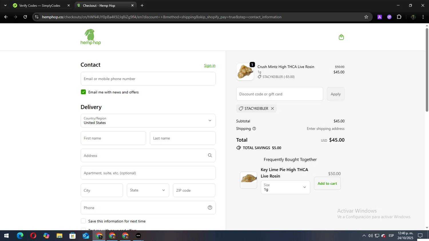 Hemp Hop discount code screenshot showing code STACYKEIBLER applied at Hemp Hop checkout page. Uploaded by SimplyCodes community member Andy2323 on Oct 24, 2025