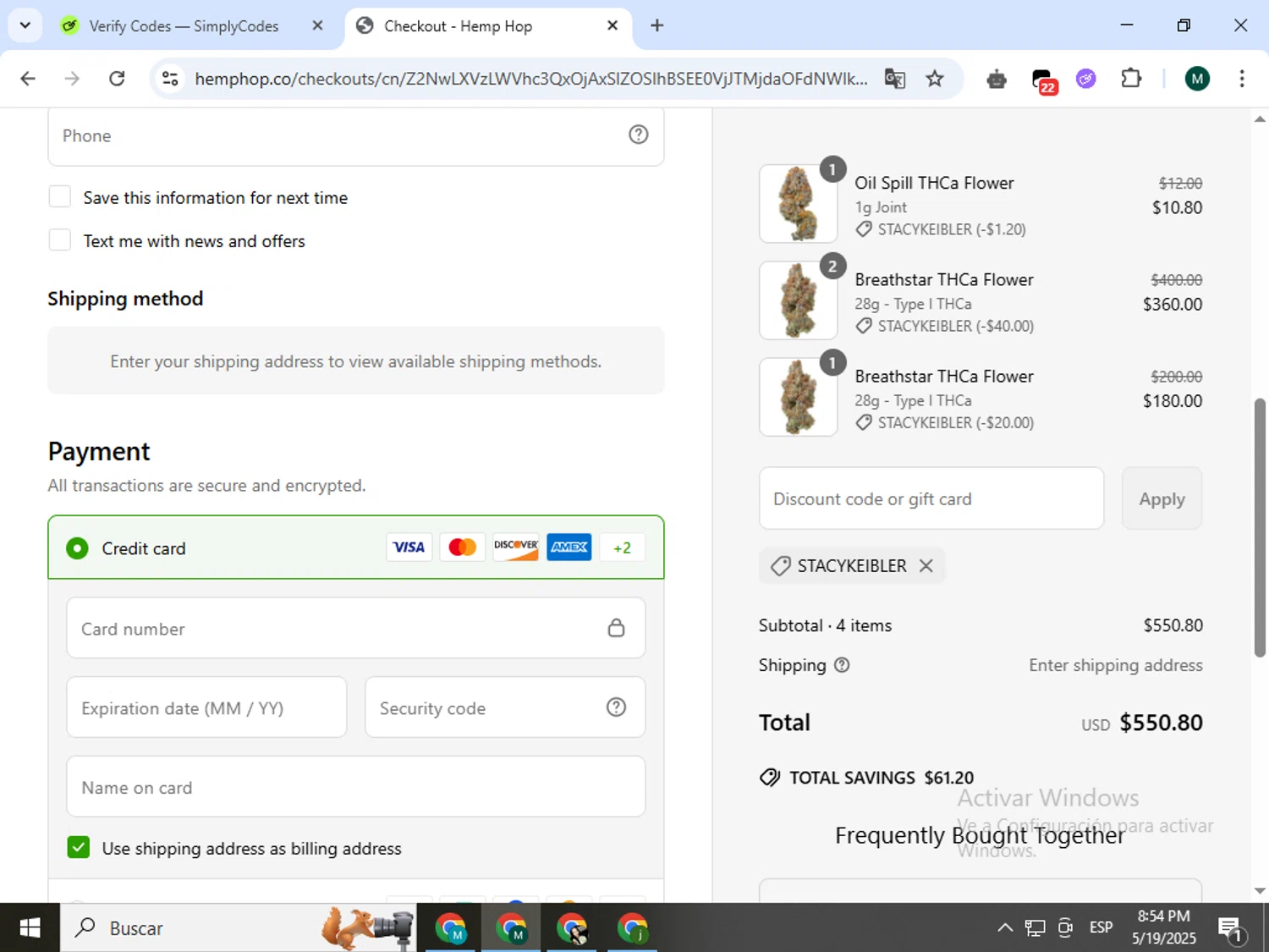 Hemp Hop discount code screenshot showing code STACYKEIBLER applied at Hemp Hop checkout page. Uploaded by SimplyCodes community member Jorgeluisvera on May 20, 2025