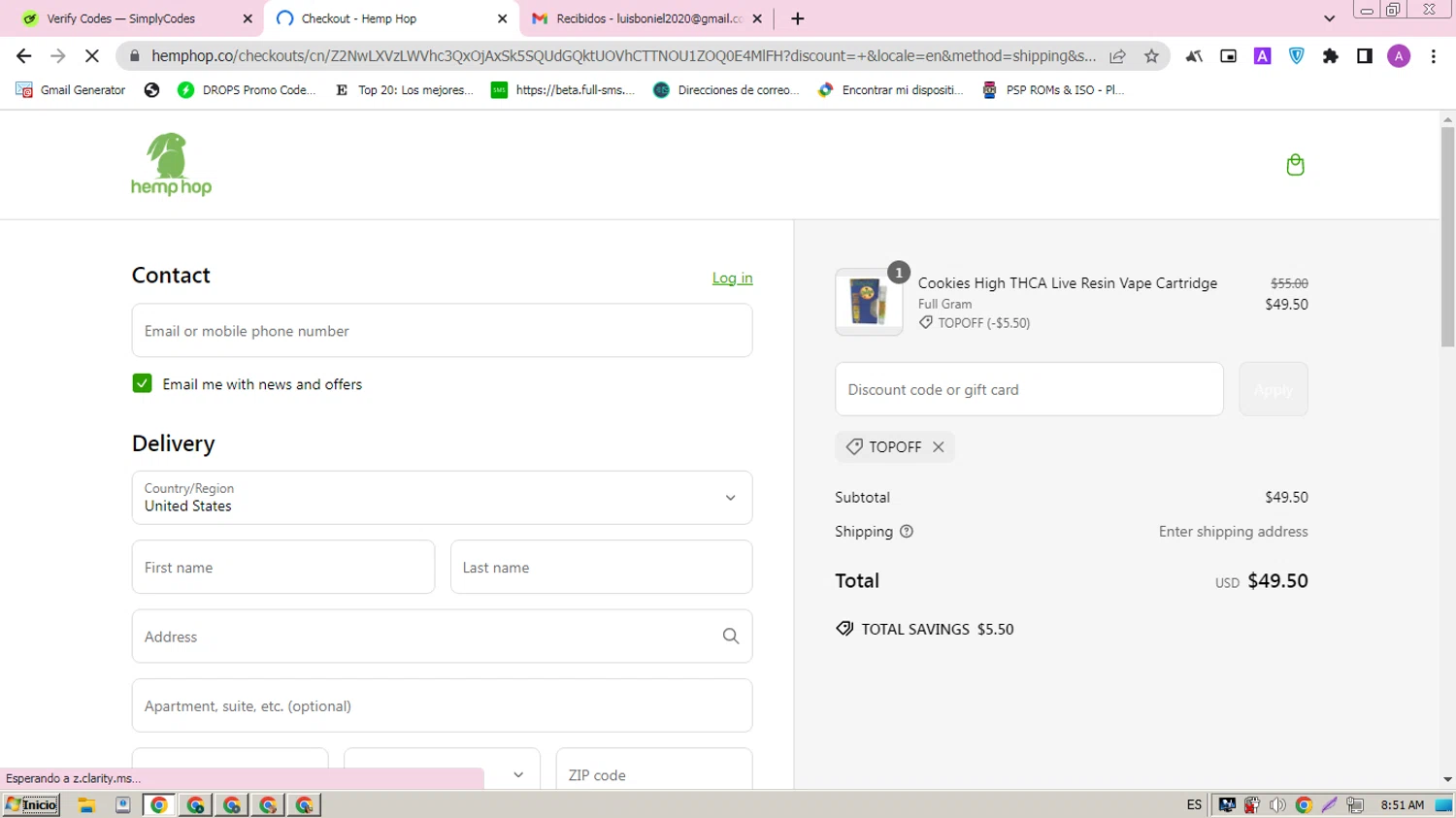 Hemp Hop discount code screenshot showing code TOPOFF applied at Hemp Hop checkout page. Uploaded by SimplyCodes community member ARCANGEL on Mar 7, 2025