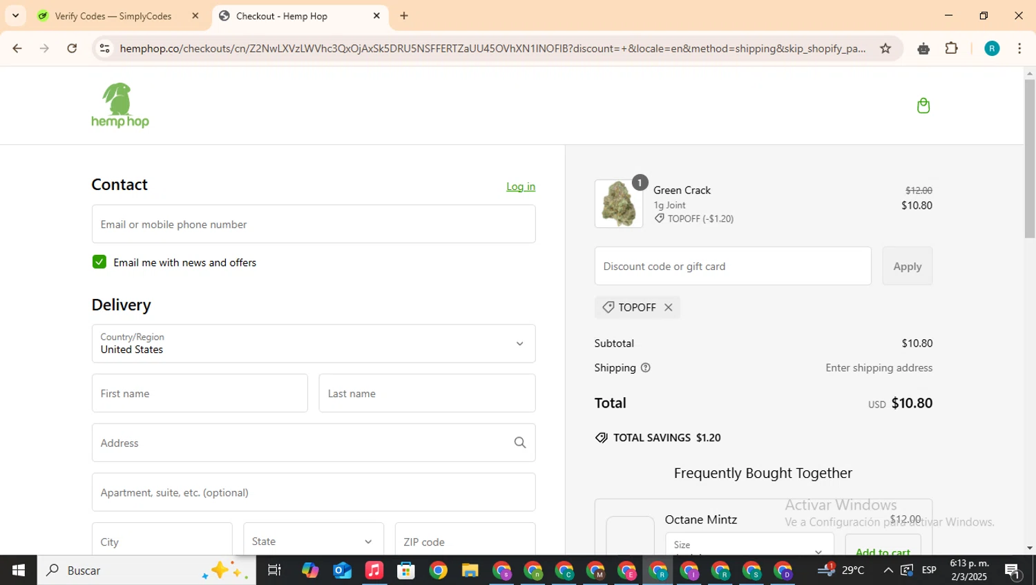 Hemp Hop discount code screenshot showing code TOPOFF applied at Hemp Hop checkout page. Uploaded by SimplyCodes community member BudgetHero4407 on Mar 2, 2025
