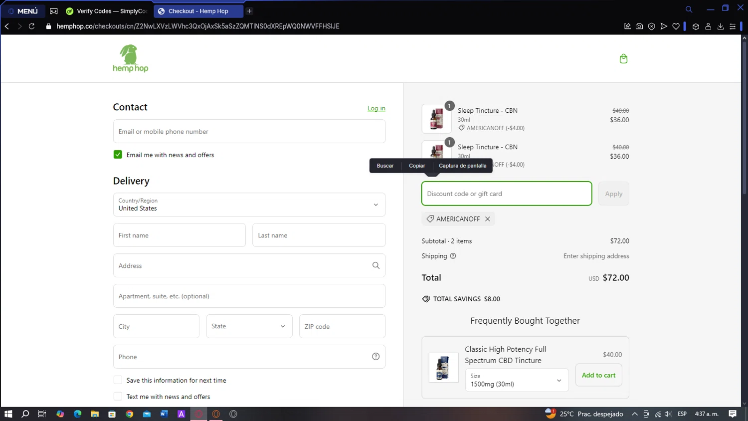 Hemp Hop discount code screenshot showing code AMERICANOFF applied at Hemp Hop checkout page. Uploaded by SimplyCodes community member BATMANJA on Mar 10, 2025