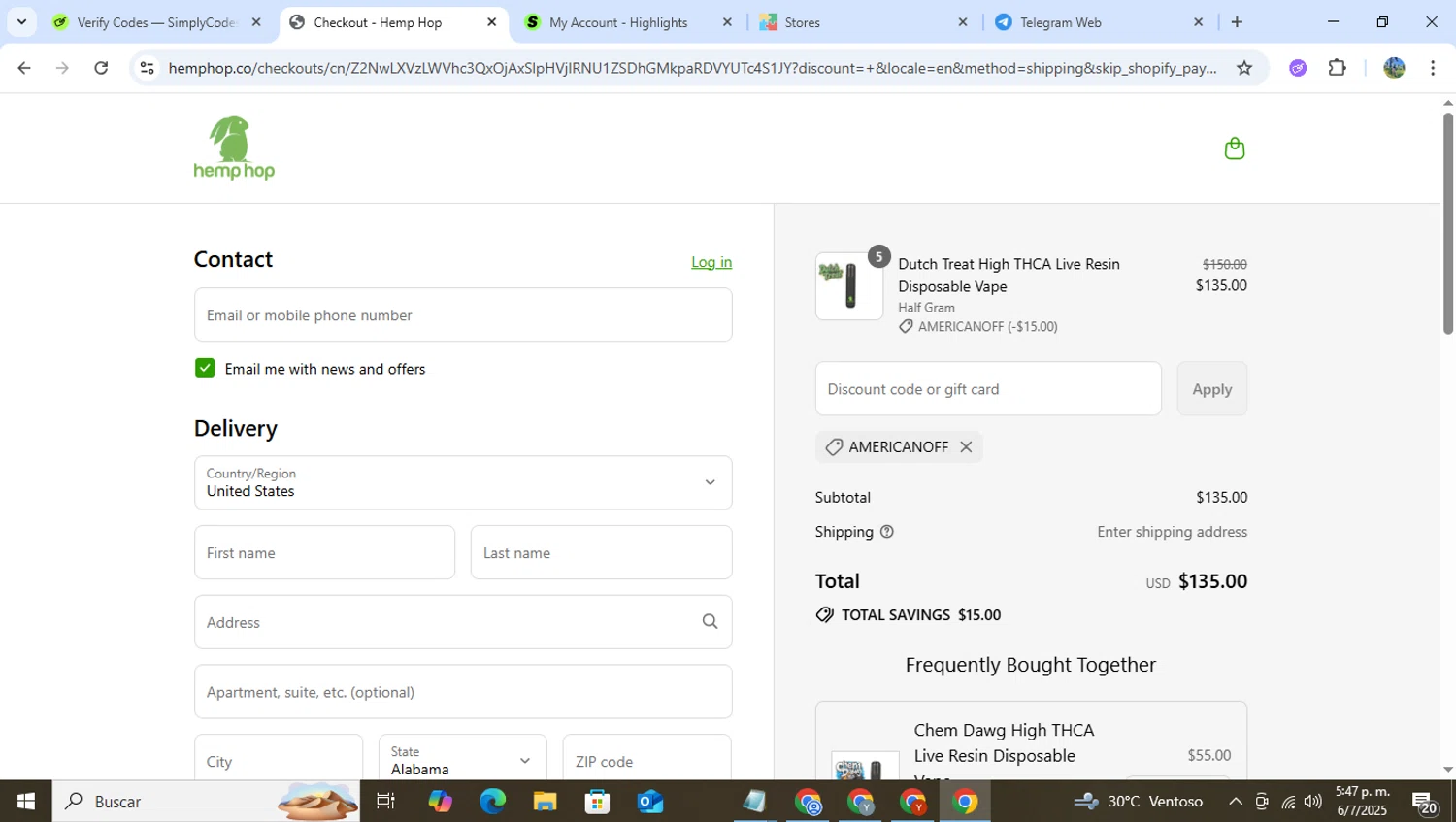 Hemp Hop discount code screenshot showing code AMERICANOFF applied at Hemp Hop checkout page. Uploaded by SimplyCodes community member RoyalHero6815 on Jul 6, 2025