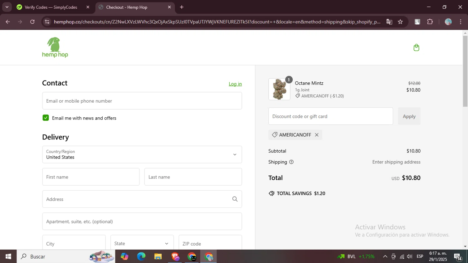 Hemp Hop discount code screenshot showing code AMERICANOFF applied at Hemp Hop checkout page. Uploaded by SimplyCodes community member LegendaryPro7106 on Jan 29, 2025