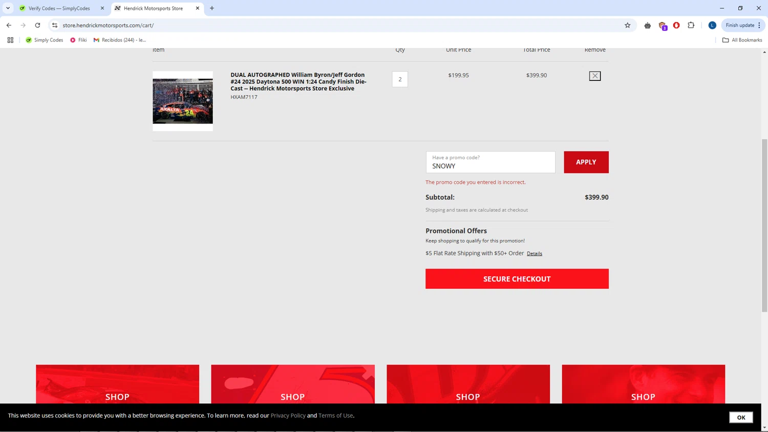 Hendrick Motorsports promo code screenshot showing code SNOWY applied at Hendrick Motorsports checkout page. Uploaded by SimplyCodes community member CrownPhoenix1648 on Feb 26, 2025