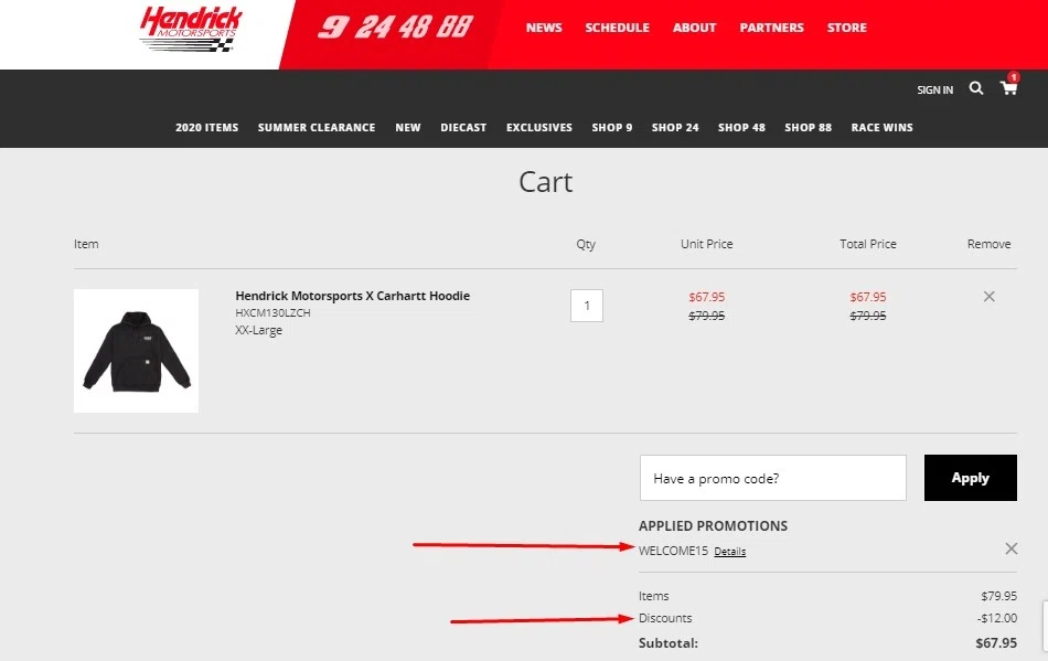Hendrick Motorsports checkout page showing Hendrick Motorsports promo code box | Screenshot taken by SimplyCodes community member on Aug 20, 2020