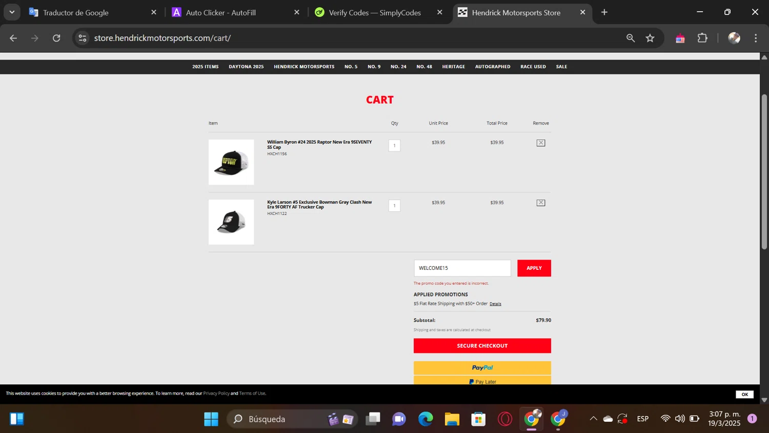 Hendrick Motorsports promo code screenshot showing code WELCOME15 applied at Hendrick Motorsports checkout page. Uploaded by SimplyCodes community member MrShelbby on Mar 19, 2025