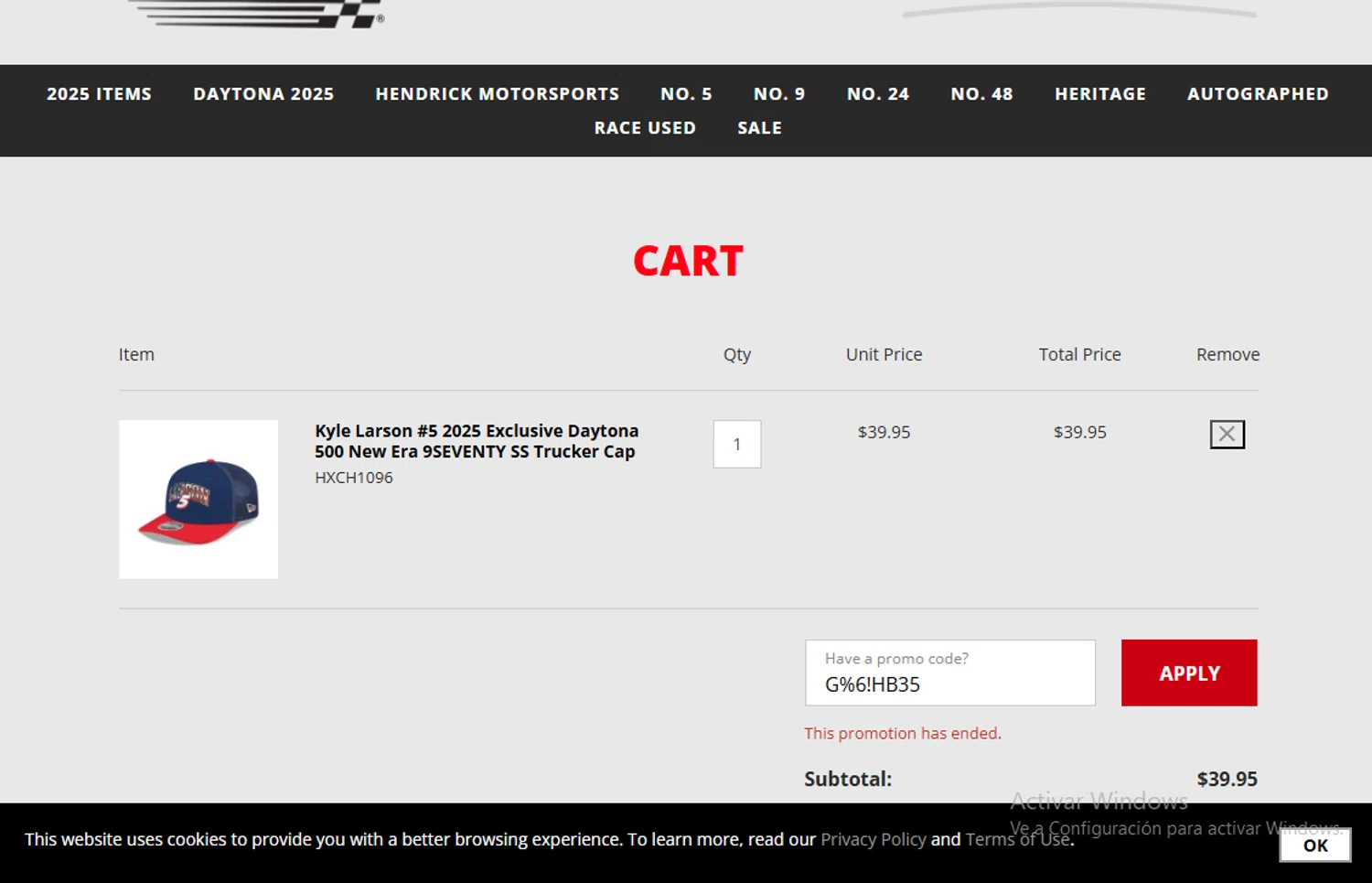 Hendrick Motorsports promo code screenshot showing code G%6!HB35 applied at Hendrick Motorsports checkout page. Uploaded by SimplyCodes community member Gary_23 on Feb 27, 2025