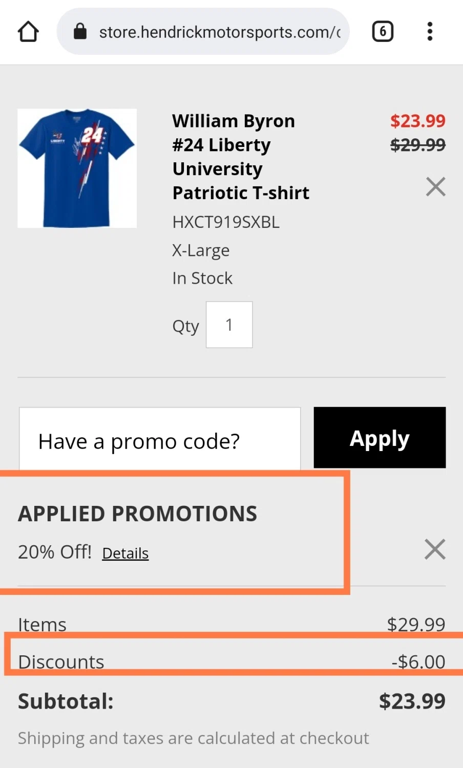 Hendrick Motorsports checkout page showing Hendrick Motorsports promo code box | Screenshot taken by SimplyCodes community member on Jun 27, 2022