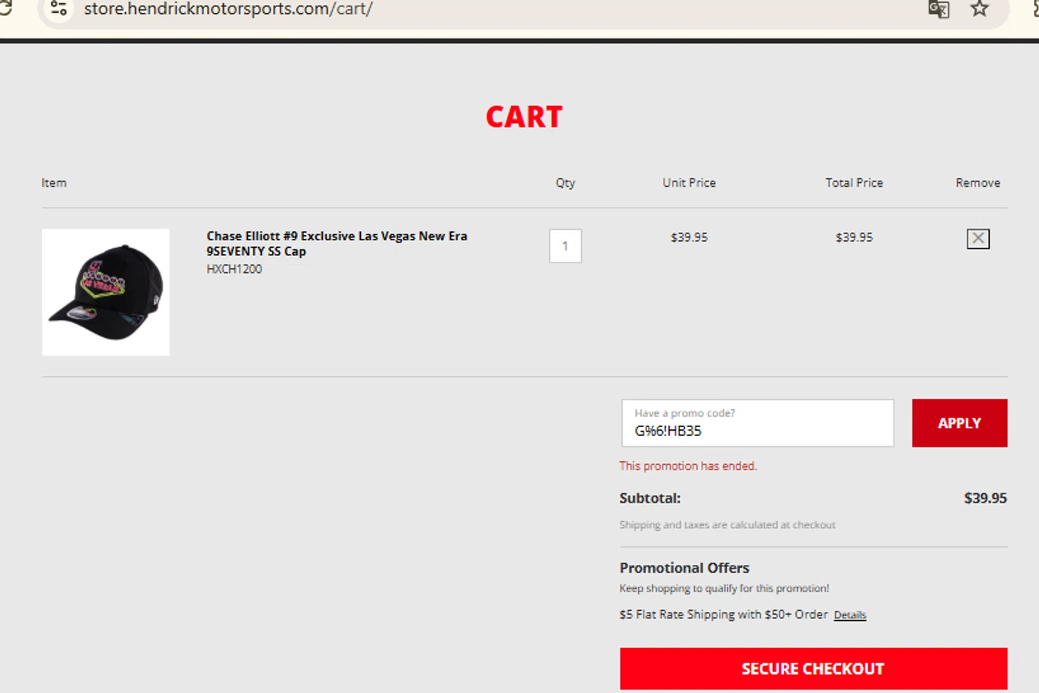 Hendrick Motorsports promo code screenshot showing code G%6!HB35 applied at Hendrick Motorsports checkout page. Uploaded by SimplyCodes community member RewardFinder4836 on Mar 17, 2025