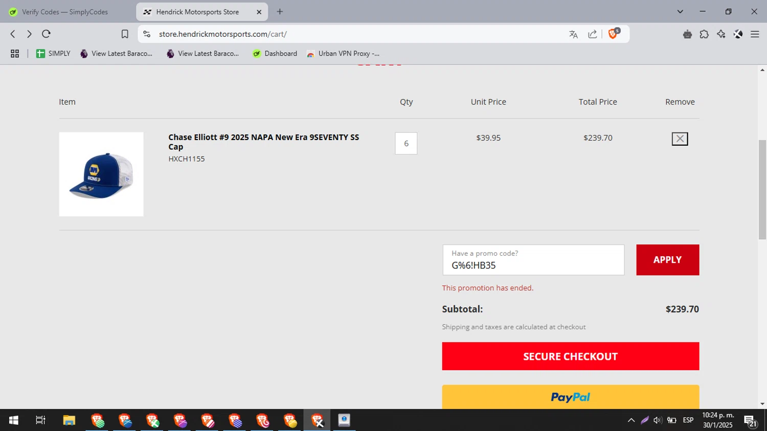 Hendrick Motorsports promo code screenshot showing code G%6!HB35 applied at Hendrick Motorsports checkout page. Uploaded by SimplyCodes community member cuponbara on Jan 31, 2025