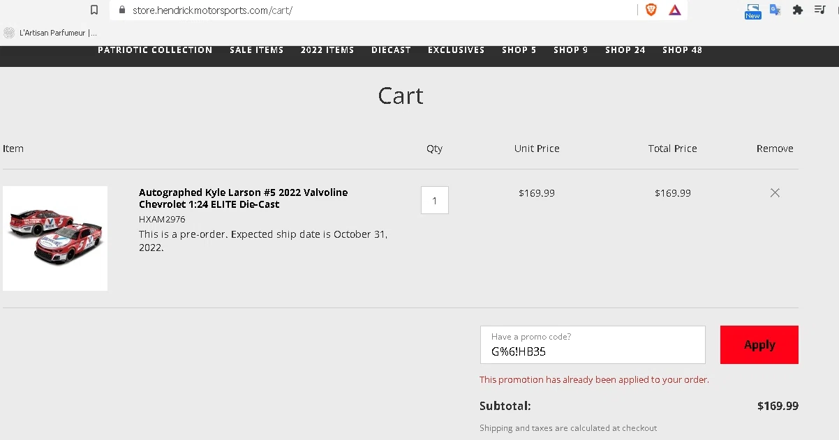 Hendrick Motorsports checkout page showing Hendrick Motorsports promo code box | Screenshot taken by SimplyCodes community member on Jun 27, 2022