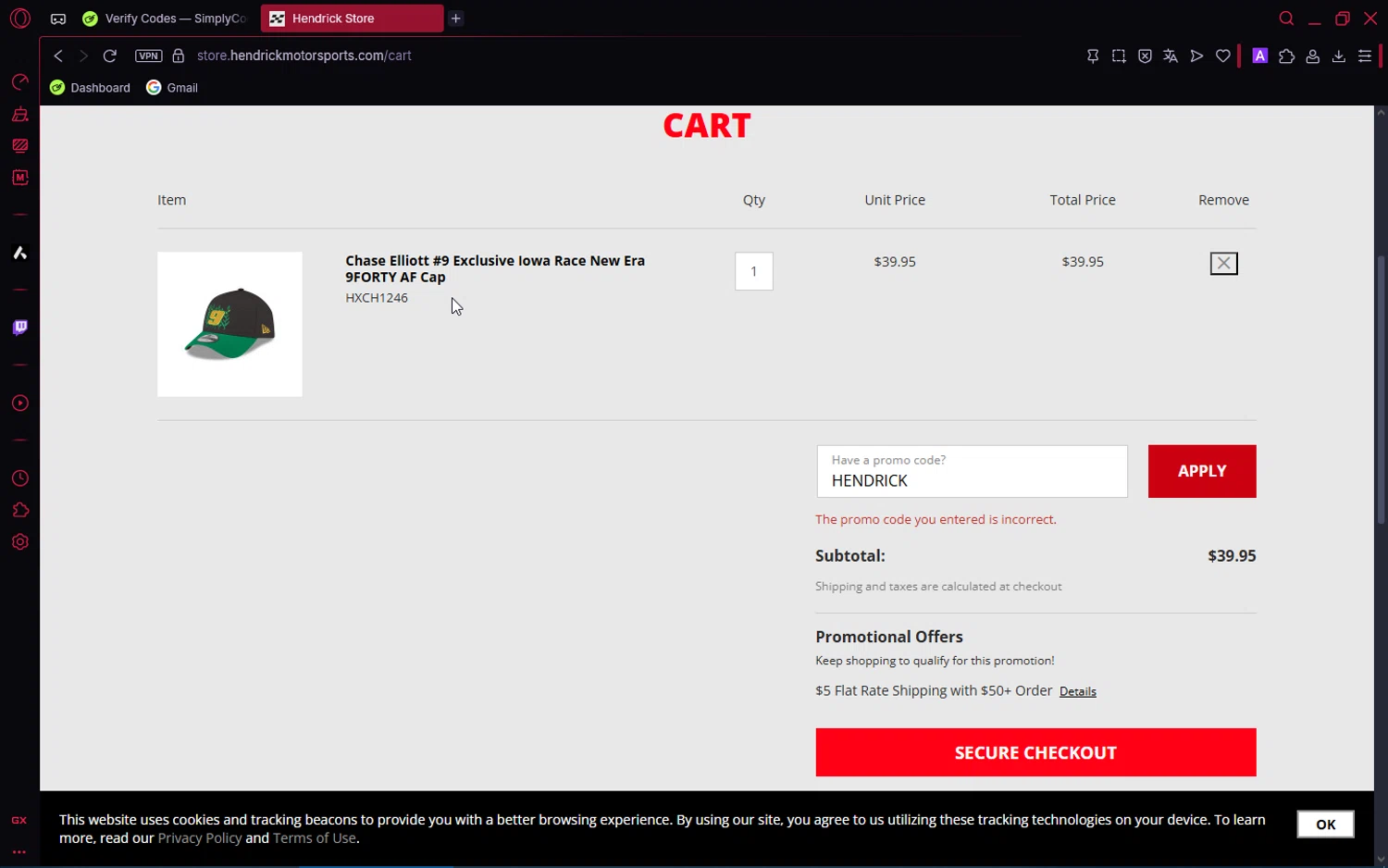 Hendrick Motorsports promo code screenshot showing code HENDRICK applied at Hendrick Motorsports checkout page. Uploaded by SimplyCodes community member Pioneer1 on Aug 21, 2025
