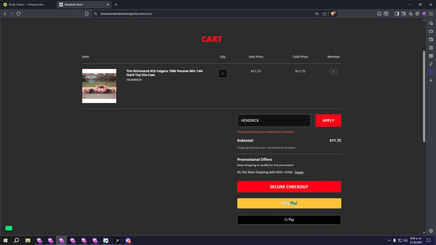 Hendrick Motorsports promo code screenshot showing code HENDRICK applied at Hendrick Motorsports checkout page. Uploaded by SimplyCodes community member lllllllllllllll on Aug 21, 2025