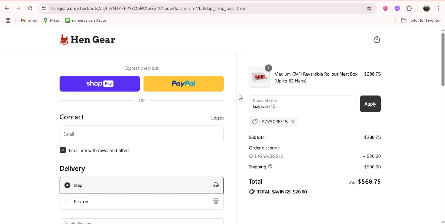 HenGear discount code screenshot showing code lazyacres15 applied at HenGear checkout page. Uploaded by SimplyCodes community member adrianvasquez1 on Aug 4, 2025