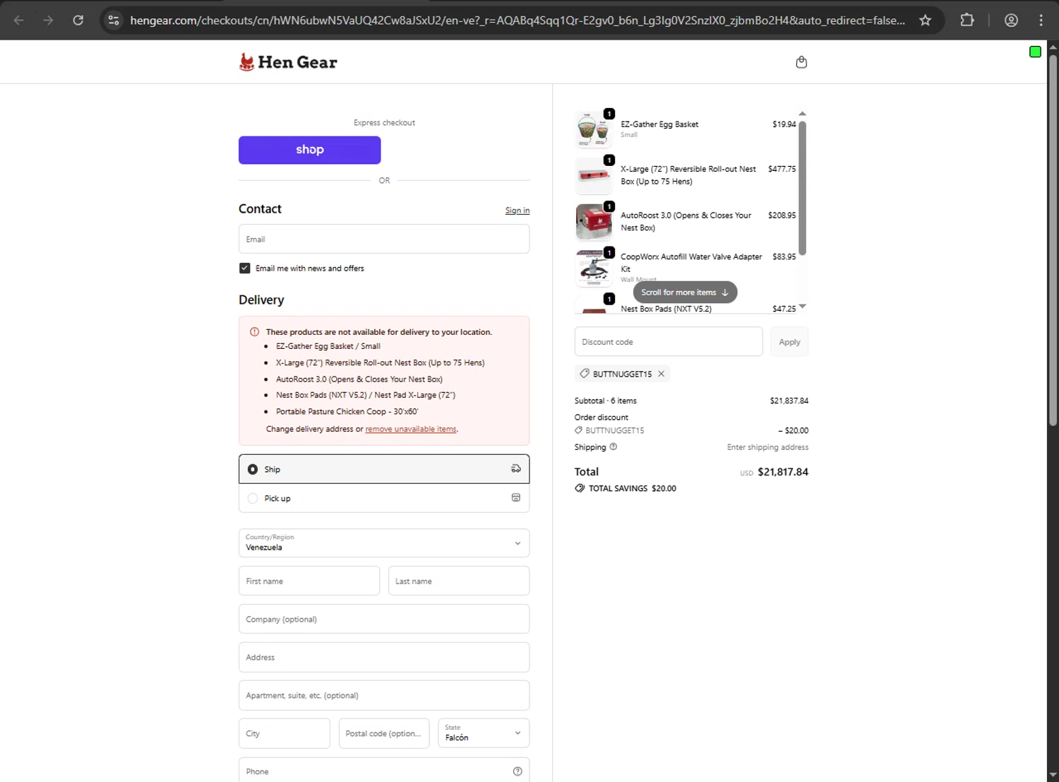 HenGear discount code screenshot showing code BUTTNUGGET15 applied at HenGear checkout page. Uploaded by SimplyCodes community member megagei on Dec 27, 2025