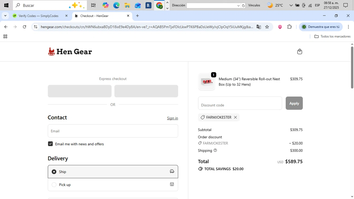 HenGear discount code screenshot showing code FARMJOKESTER applied at HenGear checkout page. Uploaded by SimplyCodes community member CleverFinder2843 on Dec 27, 2025
