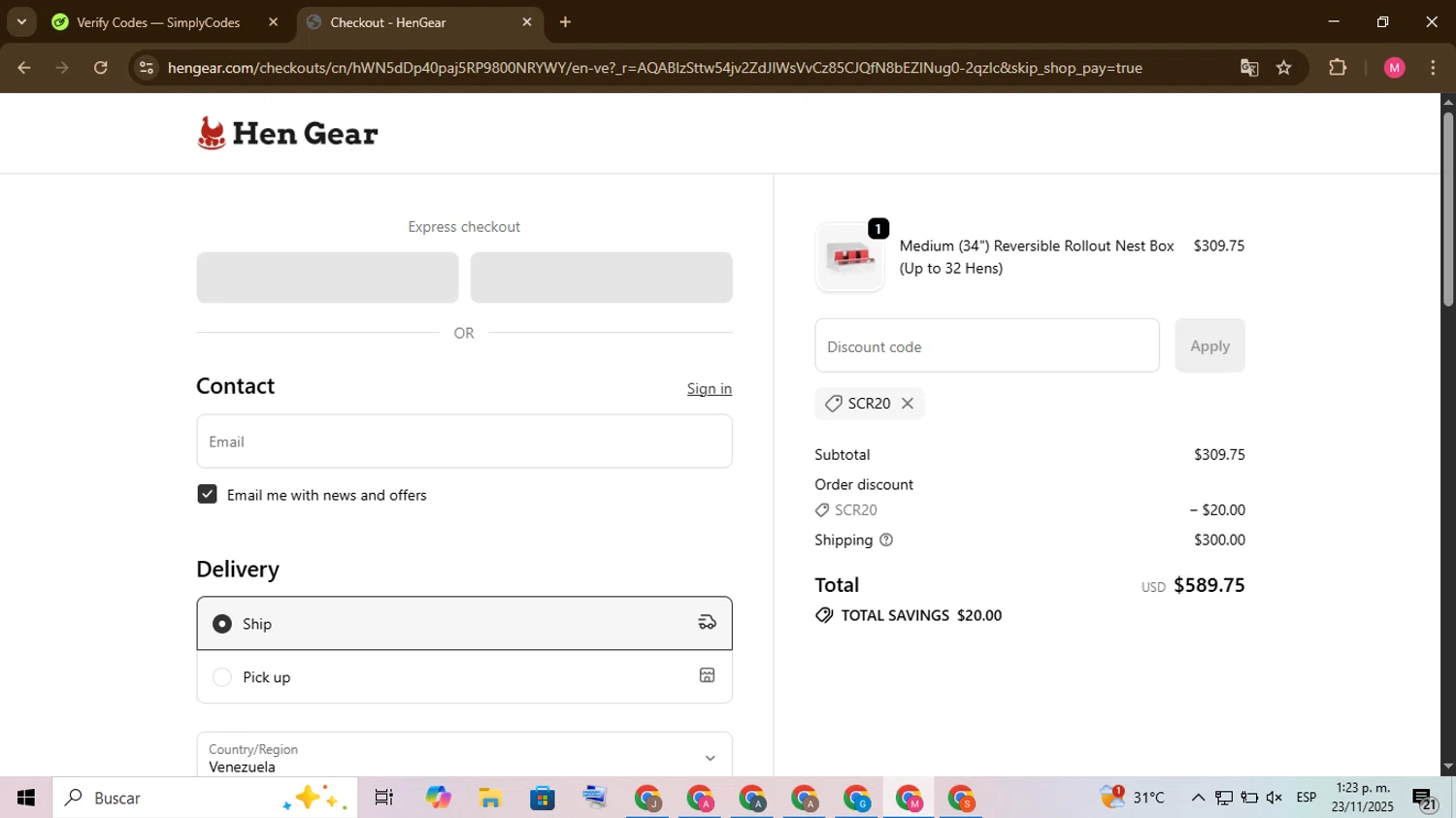 HenGear discount code screenshot showing code SCR20 applied at HenGear checkout page. Uploaded by SimplyCodes community member Chambeadoranonimo on Nov 23, 2025
