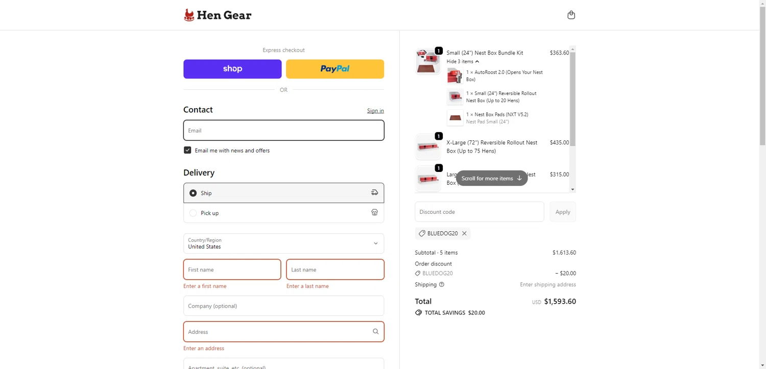 HenGear discount code screenshot showing code BLUEDOG20 applied at HenGear checkout page. Uploaded by SimplyCodes community member SilverChaser3269 on Oct 10, 2025