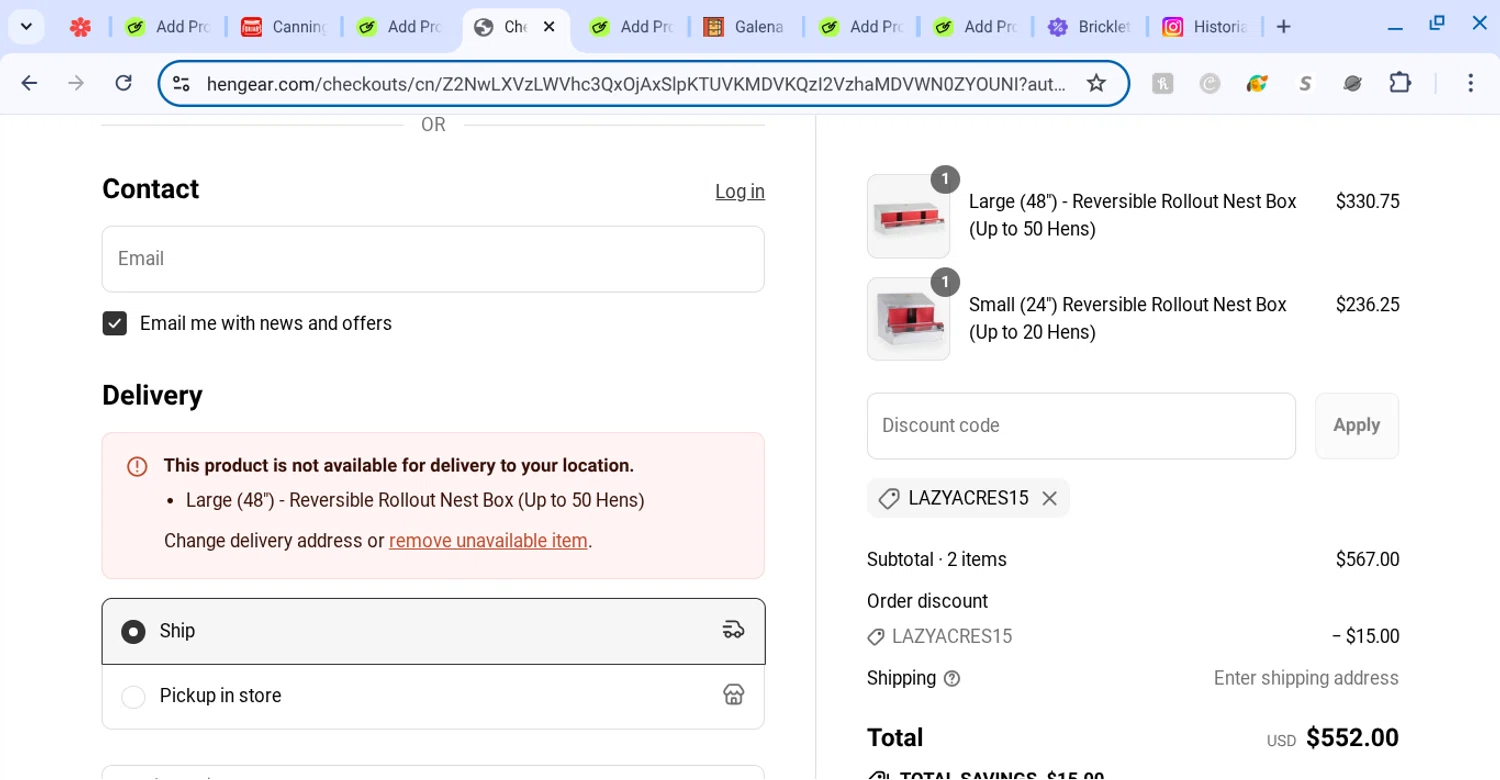 HenGear discount code screenshot showing code lazyacres15 applied at HenGear checkout page. Uploaded by SimplyCodes community member KarinaHZ on Jul 7, 2025