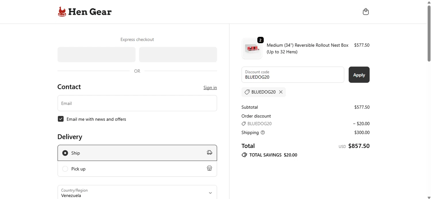 HenGear discount code screenshot showing code BLUEDOG20 applied at HenGear checkout page. Uploaded by SimplyCodes community member anosesmith on Oct 10, 2025