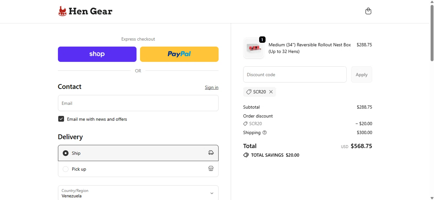 HenGear discount code screenshot showing code SCR20 applied at HenGear checkout page. Uploaded by SimplyCodes community member anosesmith on Oct 6, 2025