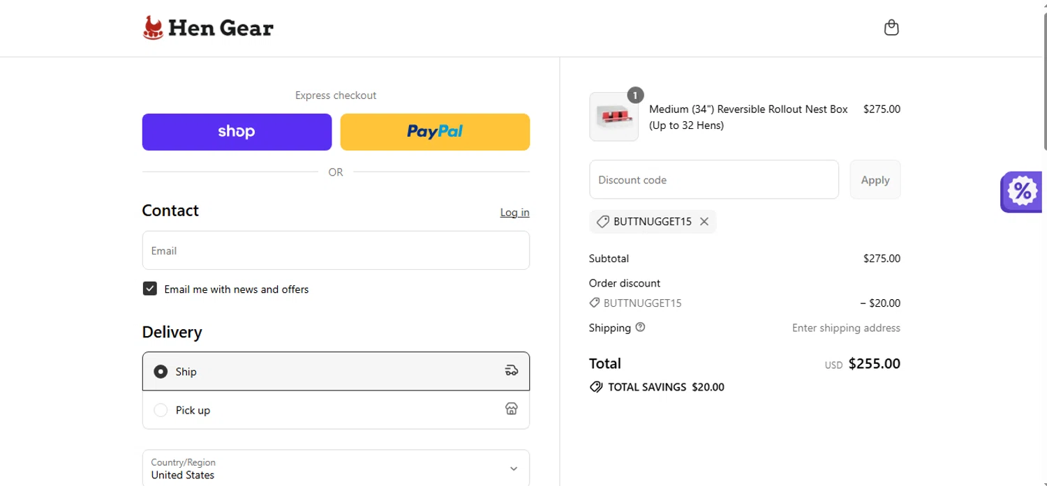 HenGear discount code screenshot showing code BUTTNUGGET15 applied at HenGear checkout page. Uploaded by SimplyCodes community member shark12 on Sep 7, 2025