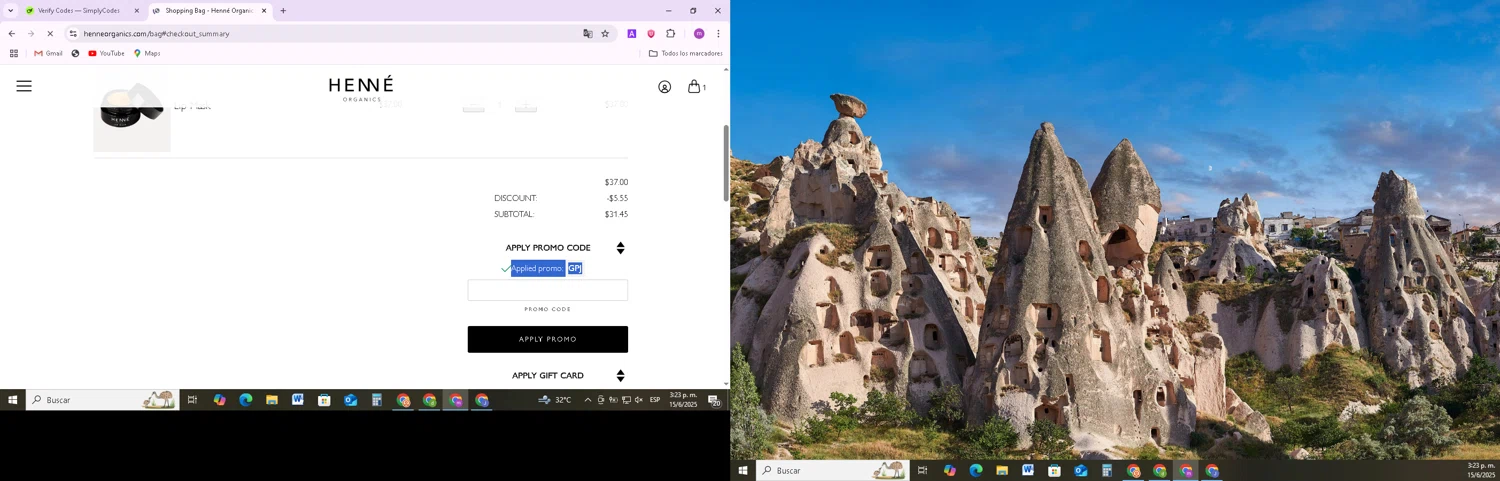 Henne Organics promo code screenshot showing code GPJ applied at Henne Organics checkout page. Uploaded by SimplyCodes community member BudgetMonarch8952 on Jun 15, 2025