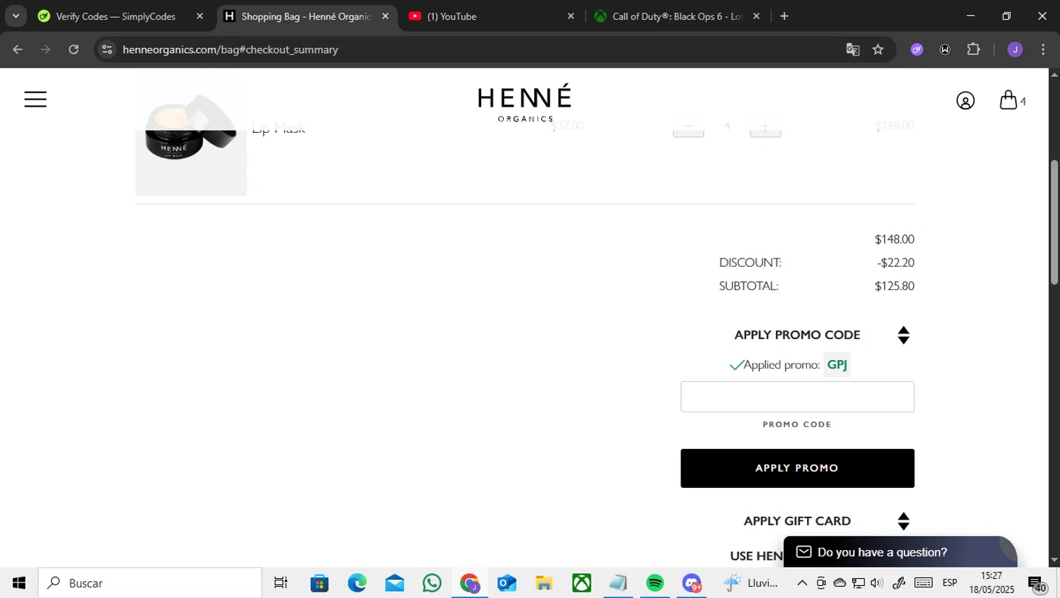 Henne Organics promo code screenshot showing code GPJ applied at Henne Organics checkout page. Uploaded by SimplyCodes community member ENCARAMESSI on May 18, 2025