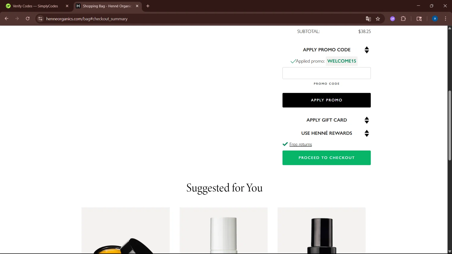 Henne Organics promo code screenshot showing code welcome15 applied at Henne Organics checkout page. Uploaded by SimplyCodes community member WiseHero7115 on Jun 15, 2025