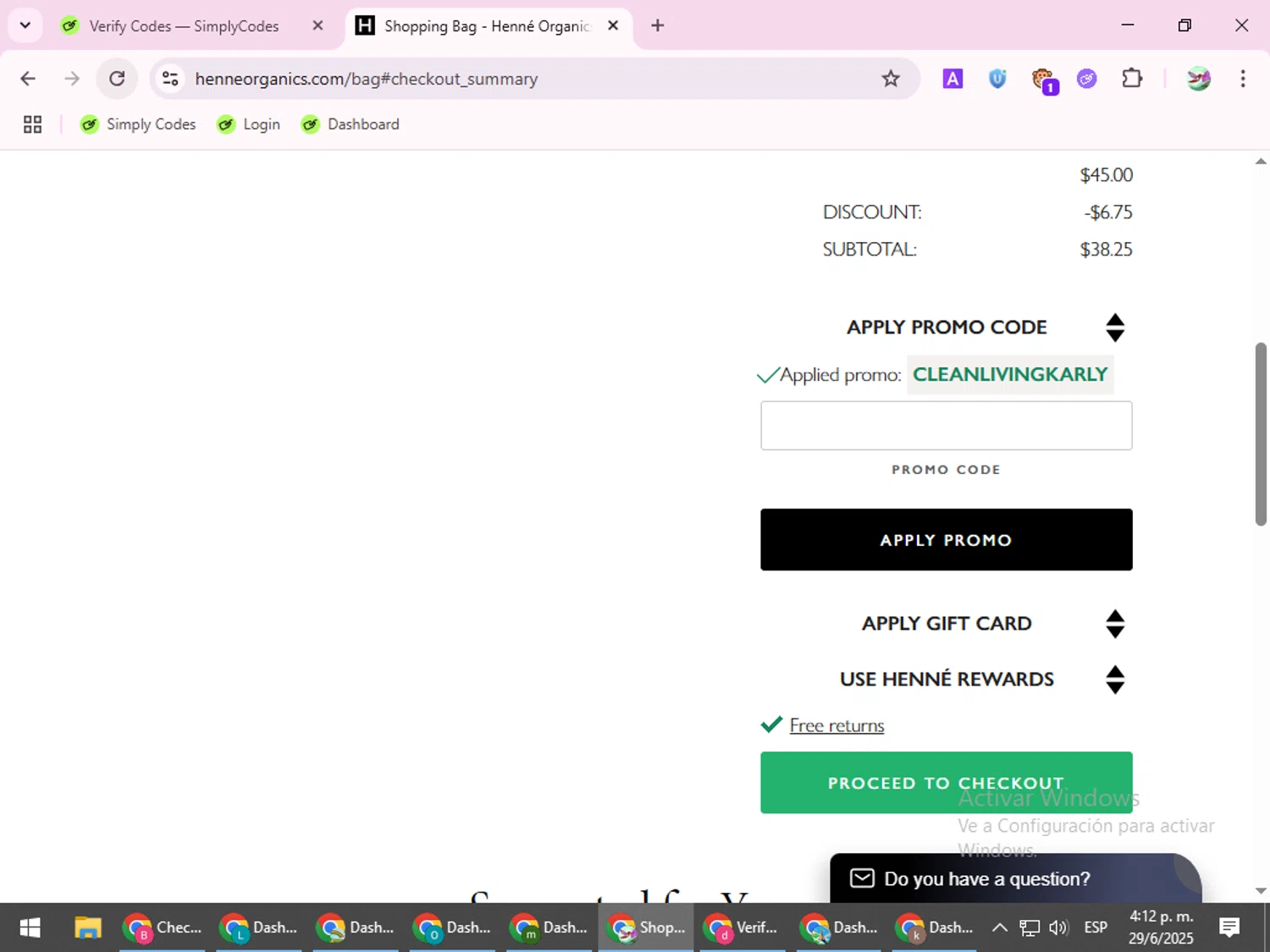 Henne Organics promo code screenshot showing code CLEANLIVINGKARLY applied at Henne Organics checkout page. Uploaded by SimplyCodes community member SilverExpert5694 on Jun 29, 2025