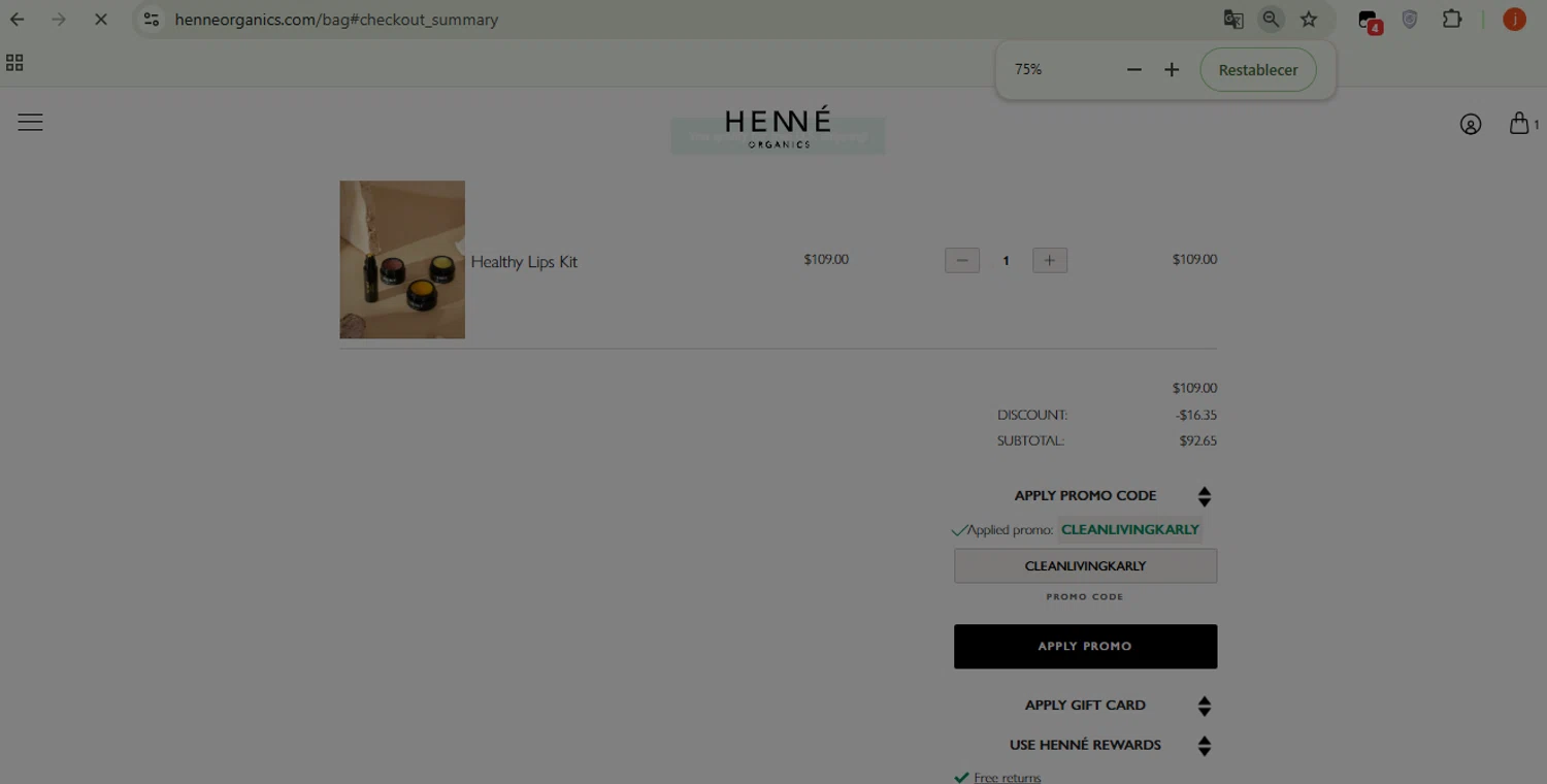 Henne Organics promo code screenshot showing code CLEANLIVINGKARLY applied at Henne Organics checkout page. Uploaded by SimplyCodes community member WonderSpotter5339 on Jun 15, 2025