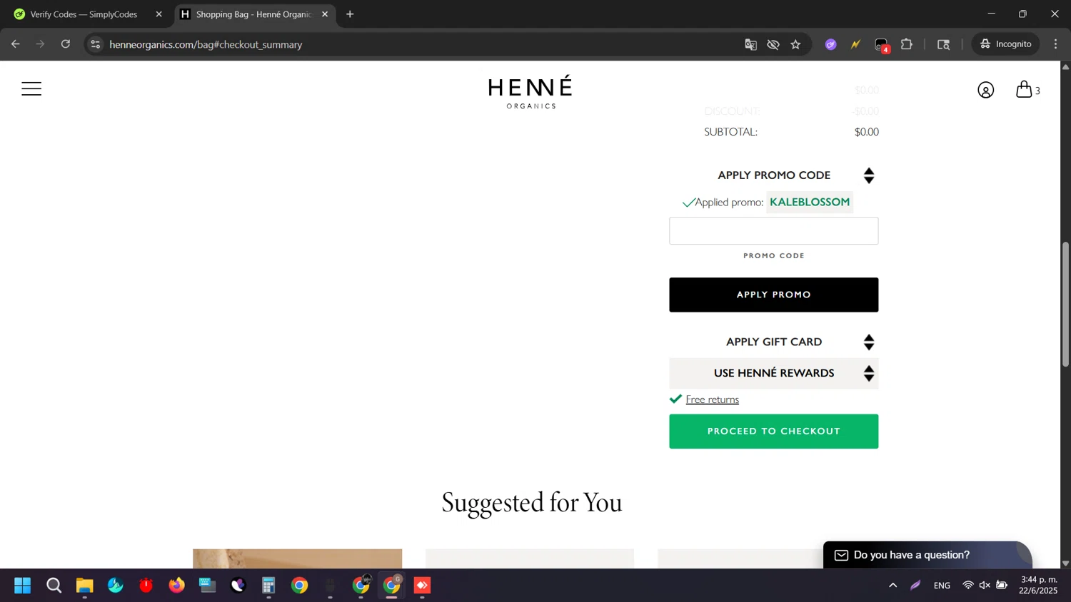 Henne Organics promo code screenshot showing code KALEBLOSSOM applied at Henne Organics checkout page. Uploaded by SimplyCodes community member SilverAdmiral2559 on Jun 22, 2025