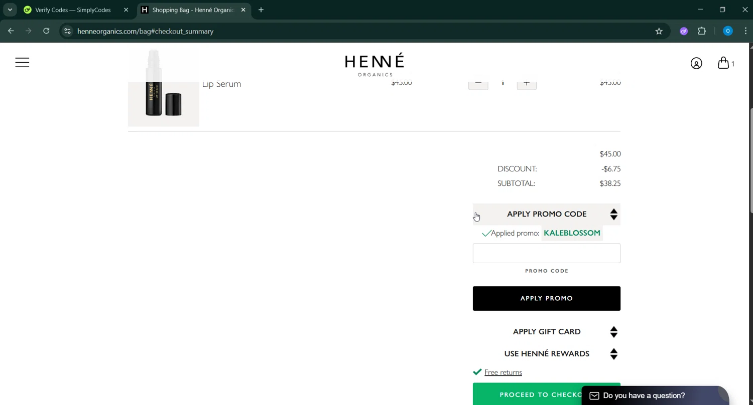Henne Organics promo code screenshot showing code KALEBLOSSOM applied at Henne Organics checkout page. Uploaded by SimplyCodes community member GoldAdmiral5202 on May 11, 2025