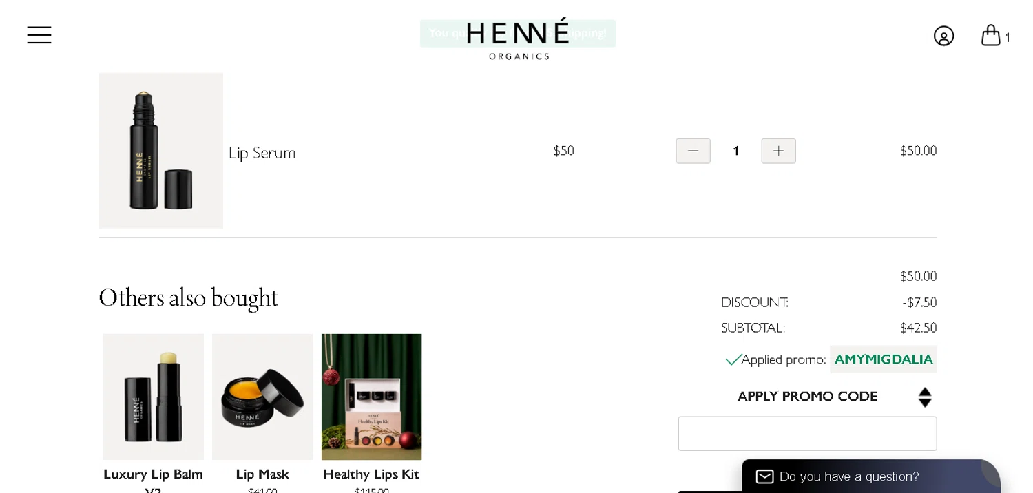 Henne Organics checkout page showing Henne Organics promo code box | Screenshot taken by SimplyCodes community member on Jan 14, 2026