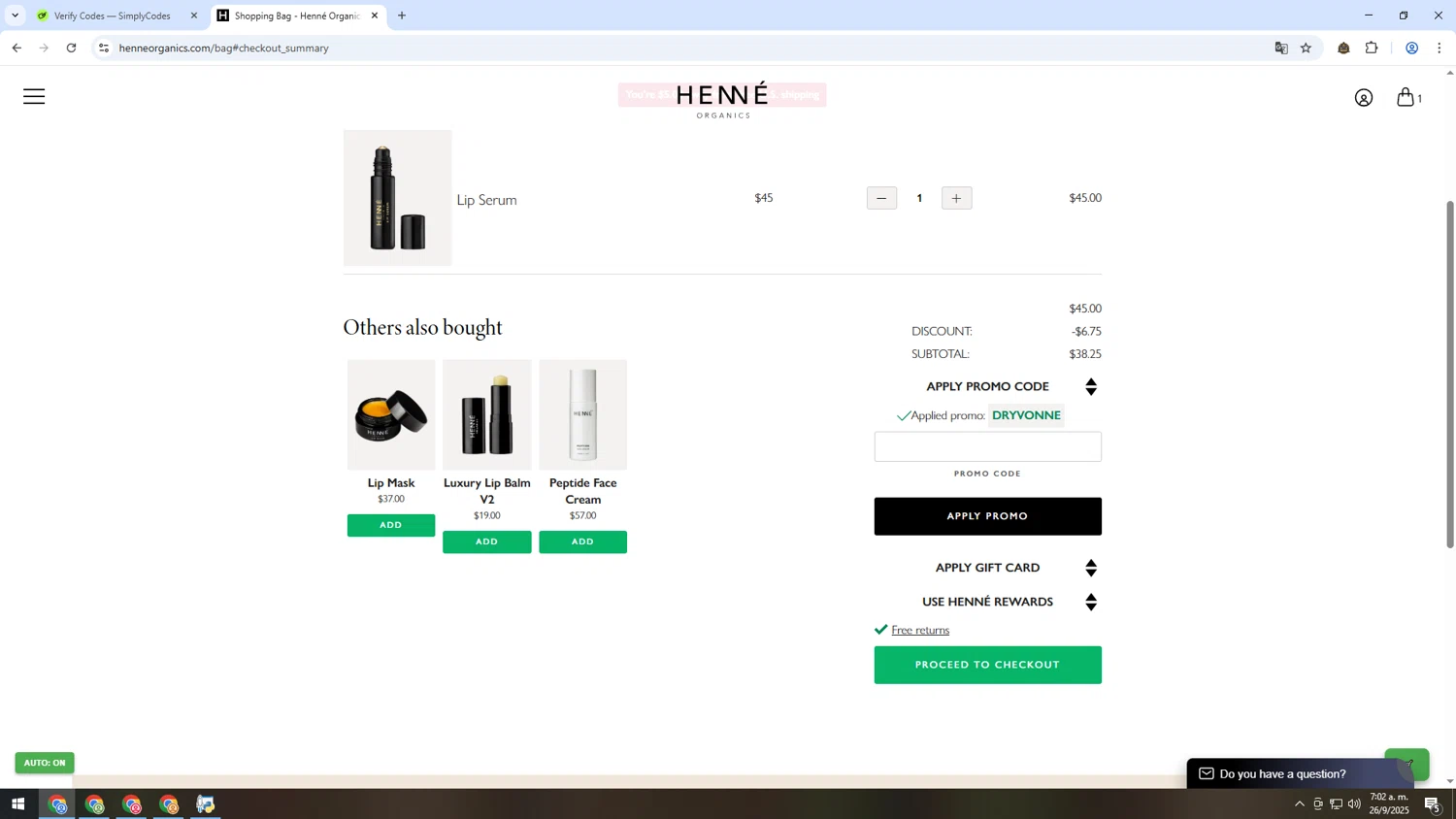 Henne Organics promo code screenshot showing code DRYVONNE applied at Henne Organics checkout page. Uploaded by SimplyCodes community member MRYORMAN on Sep 26, 2025