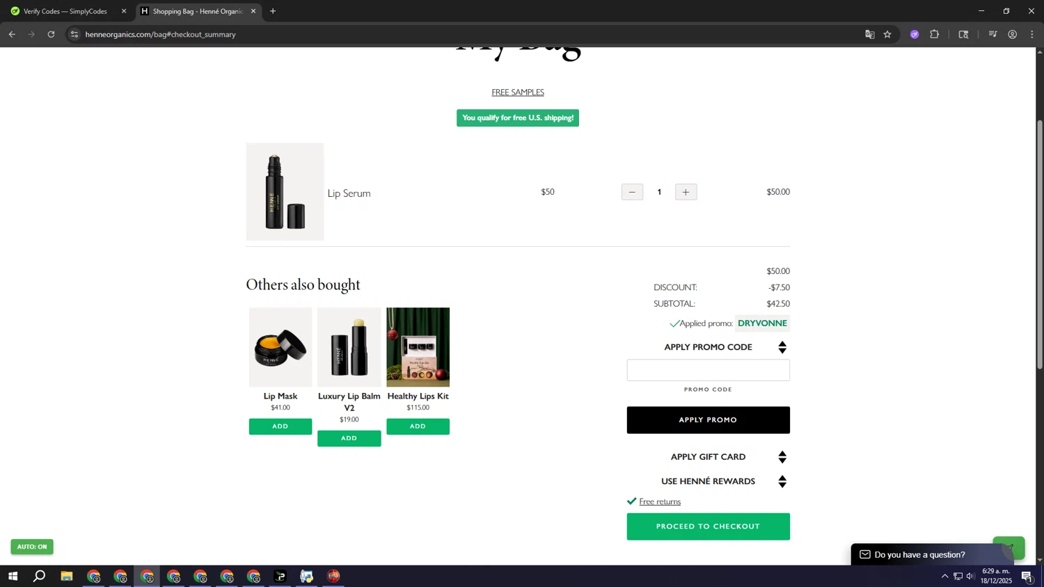 Henne Organics promo code screenshot showing code DRYVONNE applied at Henne Organics checkout page. Uploaded by SimplyCodes community member lllllllllllllll on Dec 18, 2025