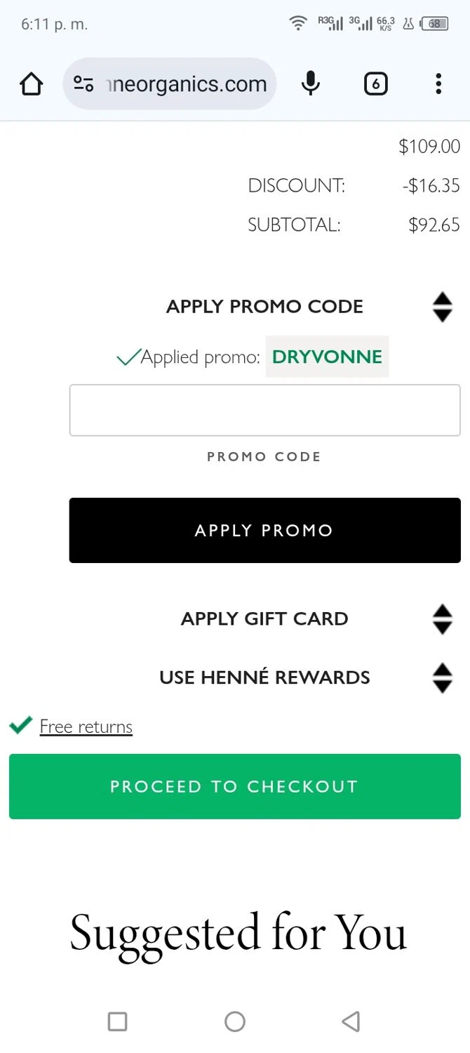 Henne Organics promo code screenshot showing code DRYVONNE applied at Henne Organics checkout page. Uploaded by SimplyCodes community member shark12 on Jul 1, 2025