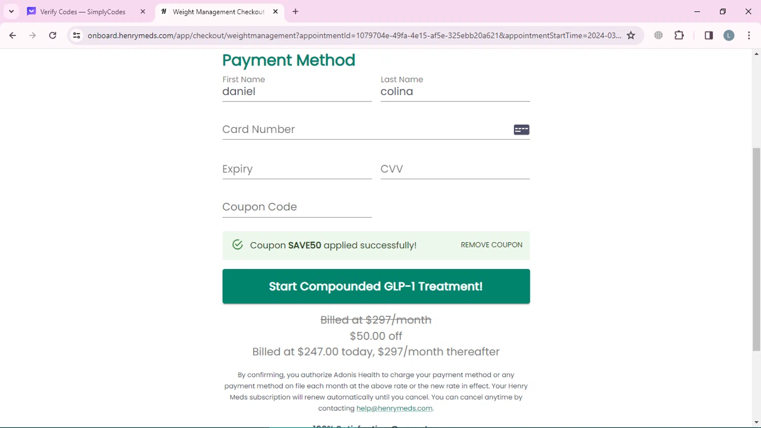 Henry Meds checkout page showing Henry Meds coupon code box | Screenshot taken by SimplyCodes community member on Mar 19, 2024