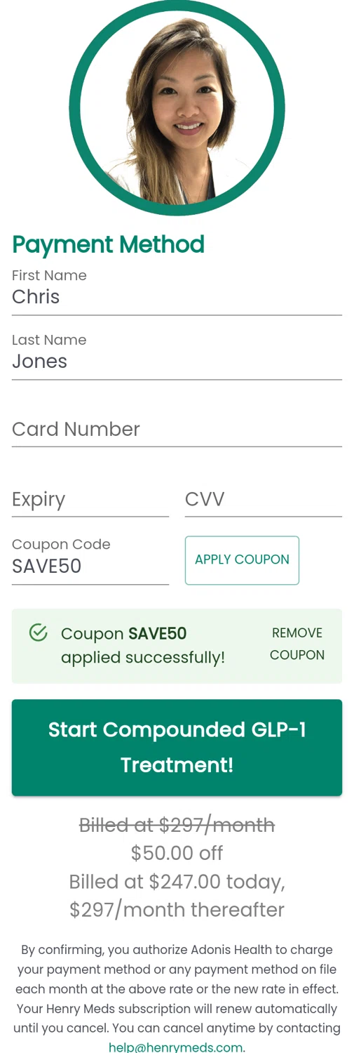 Henry Meds checkout page showing Henry Meds coupon code box | Screenshot taken by SimplyCodes community member on Mar 18, 2024