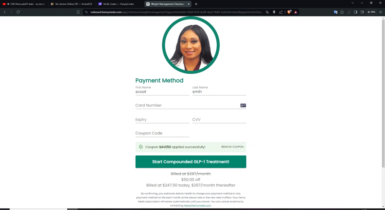 Henry Meds checkout page showing Henry Meds coupon code box | Screenshot taken by SimplyCodes community member on Mar 26, 2024
