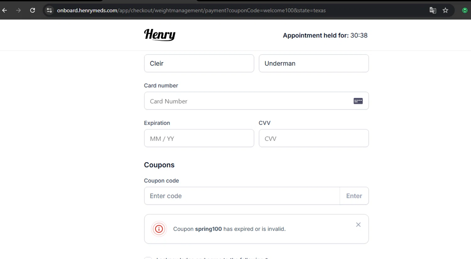 Henry Meds coupon code screenshot showing code Spring100 applied at Henry Meds checkout page. Uploaded by SimplyCodes community member RoyalSpotter5217 on Jun 23, 2025