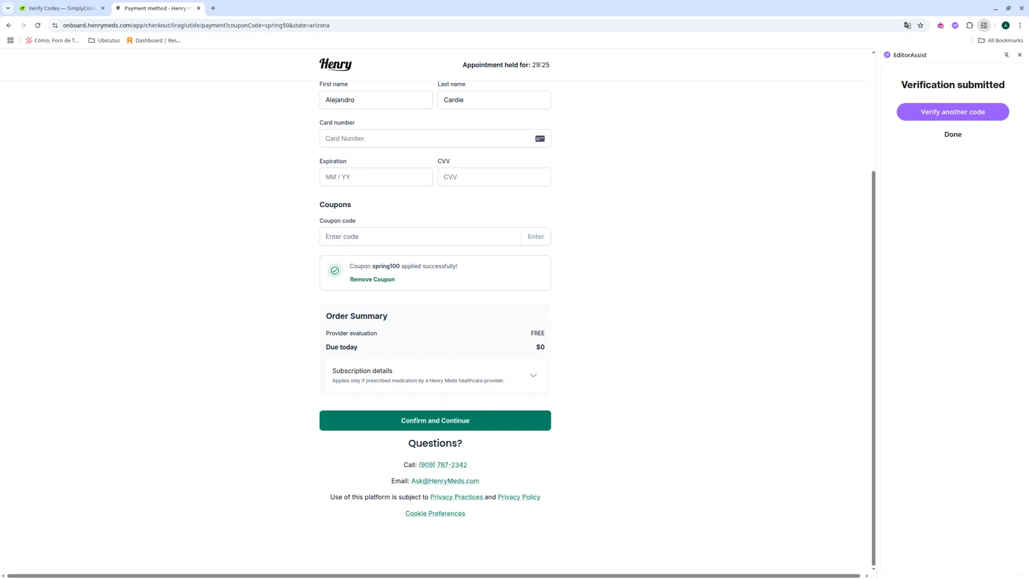 Henry Meds coupon code screenshot showing code Spring100 applied at Henry Meds checkout page. Uploaded by SimplyCodes community member admeneses on May 25, 2025