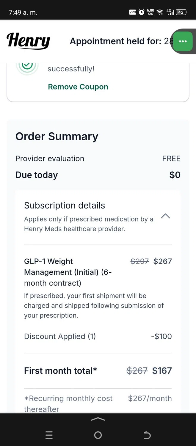 Henry Meds checkout page showing Henry Meds coupon code box | Screenshot taken by SimplyCodes community member on Apr 26, 2025