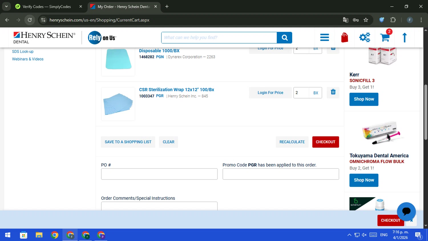 Henry Schein checkout page showing Henry Schein promo code box | Screenshot taken by SimplyCodes community member on Jan 4, 2026