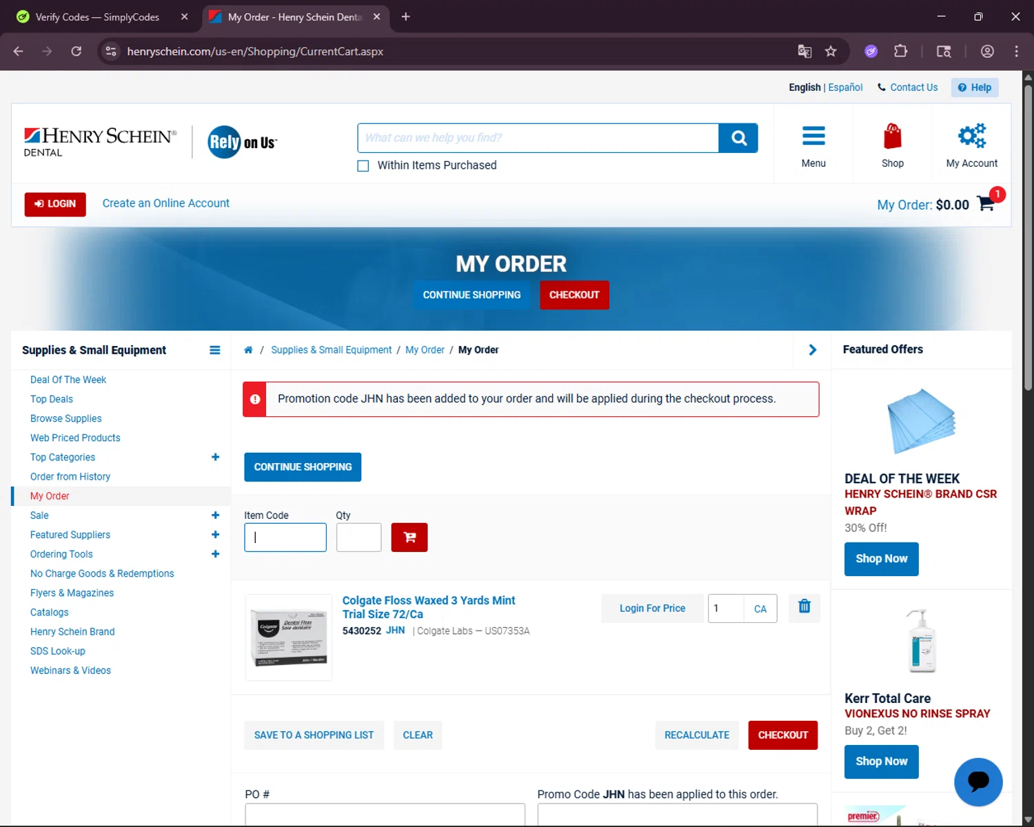 Henry Schein checkout page showing Henry Schein promo code box | Screenshot taken by SimplyCodes community member on Jan 5, 2026