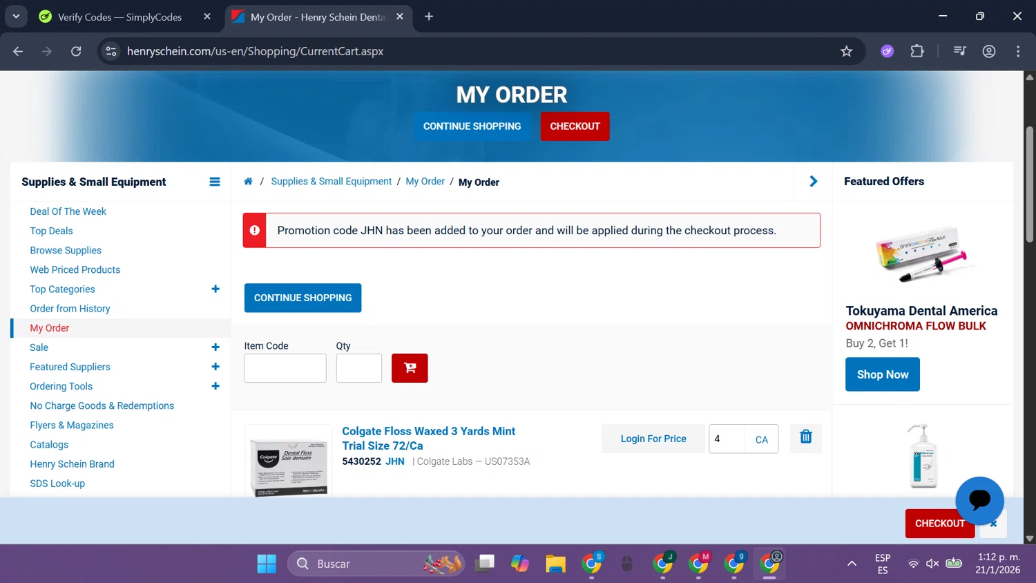 Henry Schein checkout page showing Henry Schein promo code box | Screenshot taken by SimplyCodes community member on Jan 21, 2026