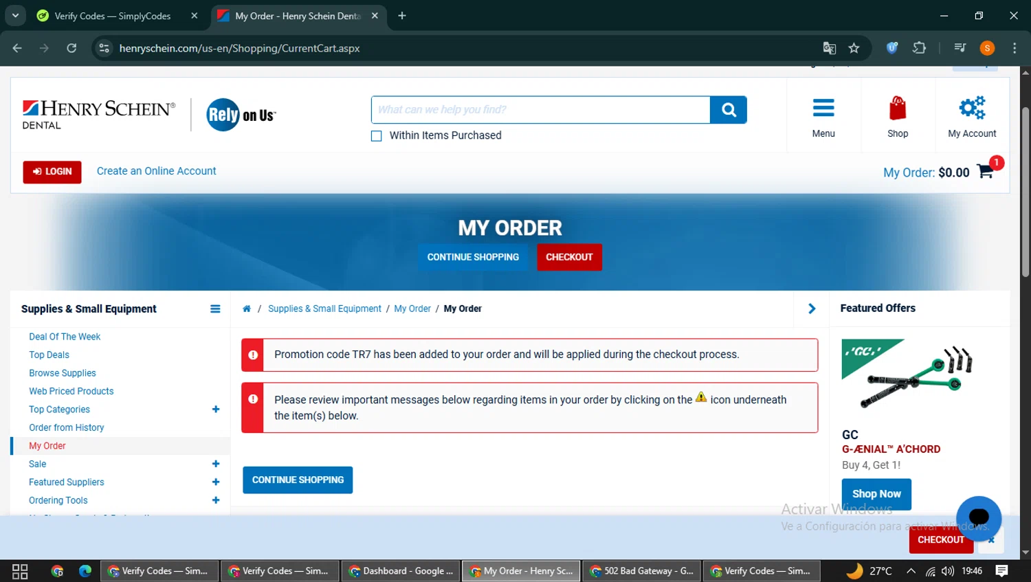 Henry Schein checkout page showing Henry Schein promo code box | Screenshot taken by SimplyCodes community member on Feb 12, 2026