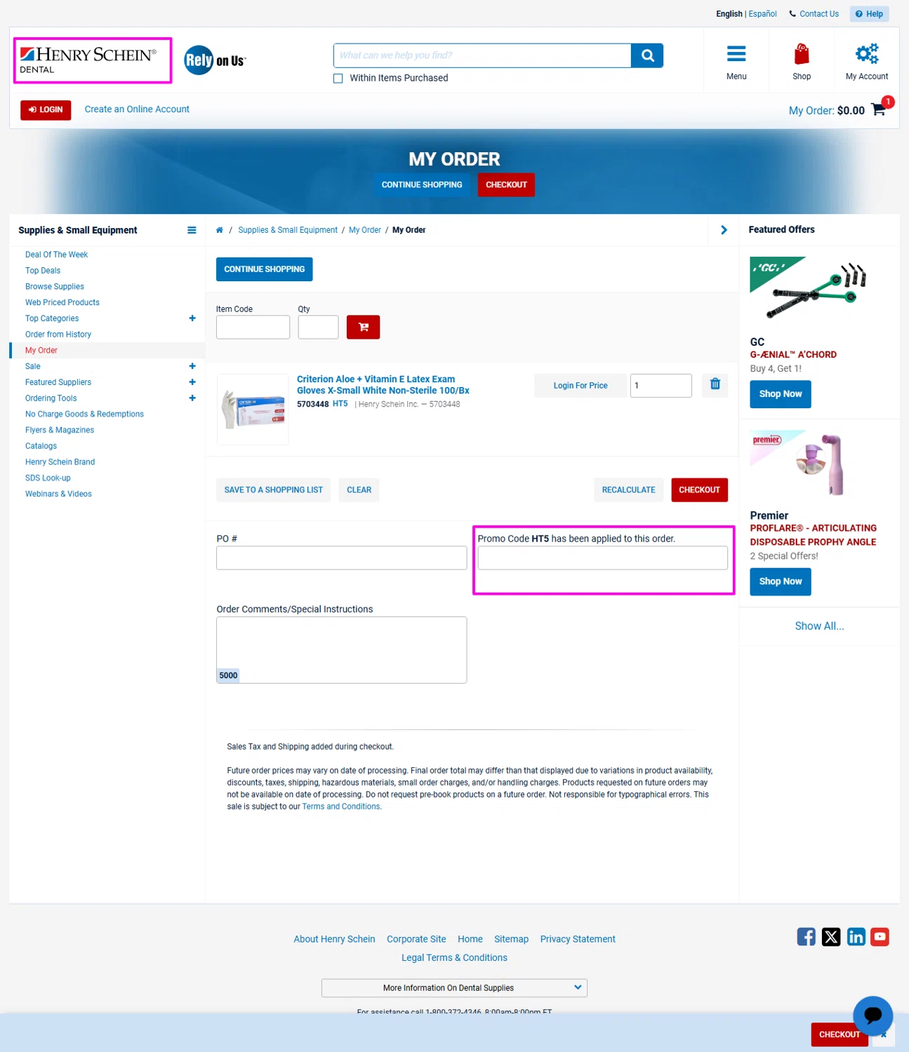 Henry Schein promo code screenshot showing code HT5 applied at Henry Schein checkout page. Uploaded by SimplyCodes community member mrdarcy on Feb 11, 2026