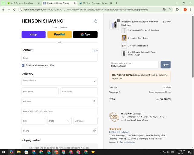 Henson Shaving checkout page showing Henson Shaving discount code box | Screenshot taken by SimplyCodes community member on Sep 3, 2025